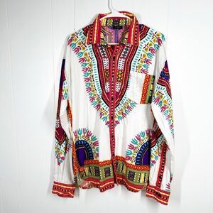 Thai Craft Warehouse Floral and Tribal Design Long Sleeve Button Up Shirt XL